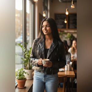 DKNY Black Fringe Cropped Faux Leather Jacket